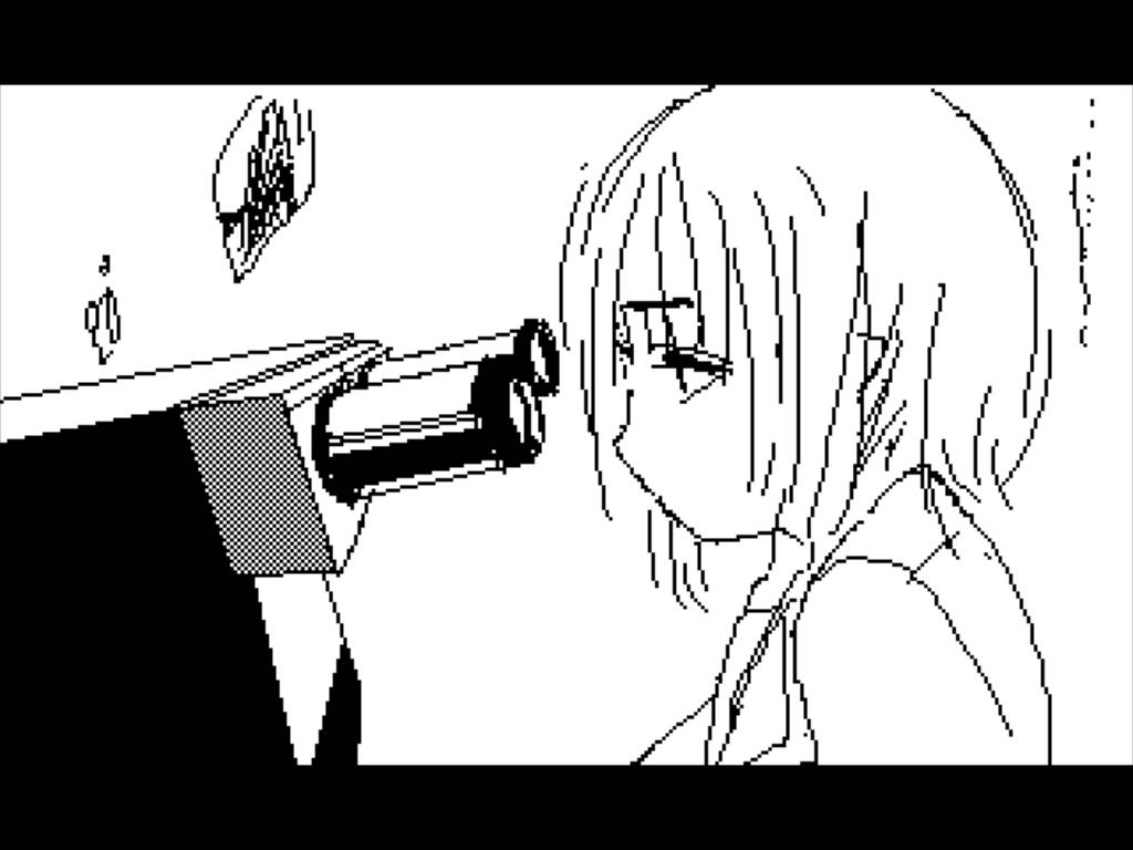 Nanosmiles (Windows) screenshot: A girl looking through a telescope at the organism.