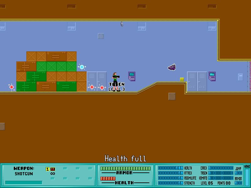 Iji (Windows) screenshot: Lots of health pick-ups, machinegun ammo and an orb. The weapon cannot be picked up because Iji is not yet at Tasen level 3 in skill.