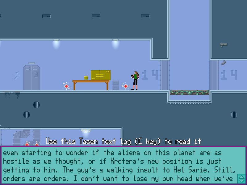 Iji (Windows) screenshot: Reading a logbook of one of the Tasen soldiers.