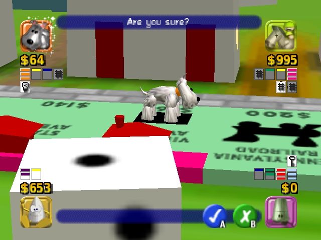 Monopoly (Nintendo 64) screenshot: I landed on a property with a hotel. I cannot come up with enough money to pay the rent, so...