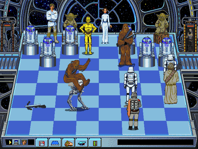 The Software Toolworks' Star Wars Chess (DOS) screenshot: Chewbacca vents his frustrations on the AT-ST