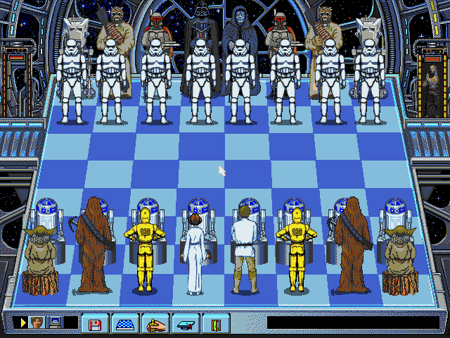 The Software Toolworks' Star Wars Chess (DOS) screenshot: Starting board layout