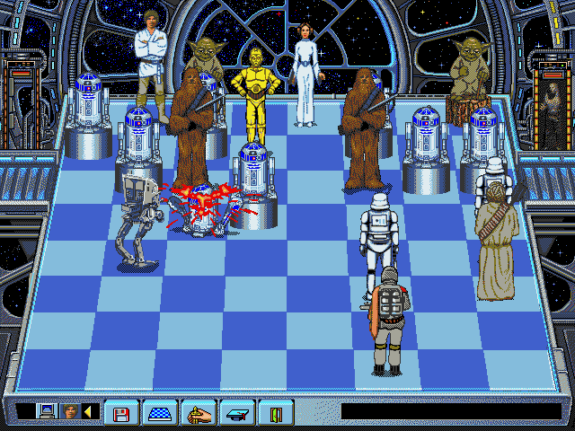 The Software Toolworks' Star Wars Chess (DOS) screenshot: An AT-ST puts R2 into standby mode