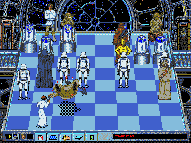 The Software Toolworks' Star Wars Chess (DOS) screenshot: Leia takes on a Tusken Raider