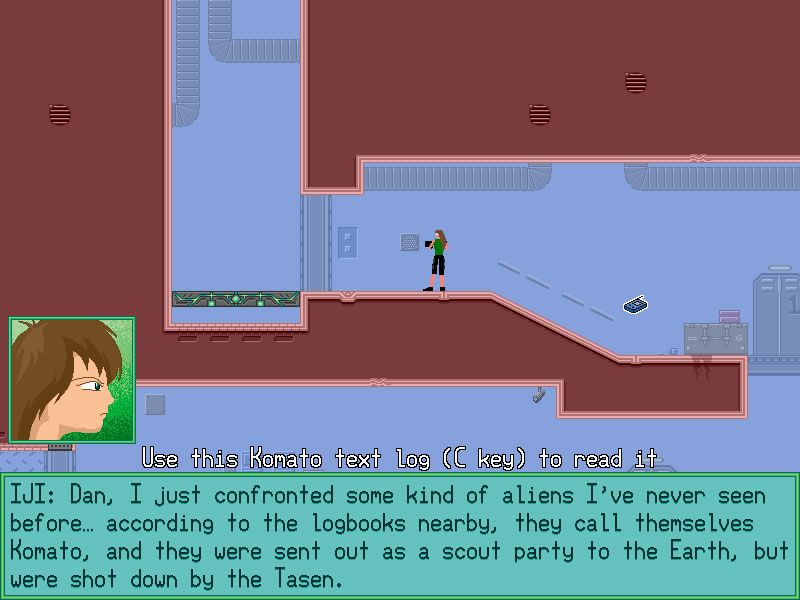 Iji (Windows) screenshot: Continuing the story through text with portraits.