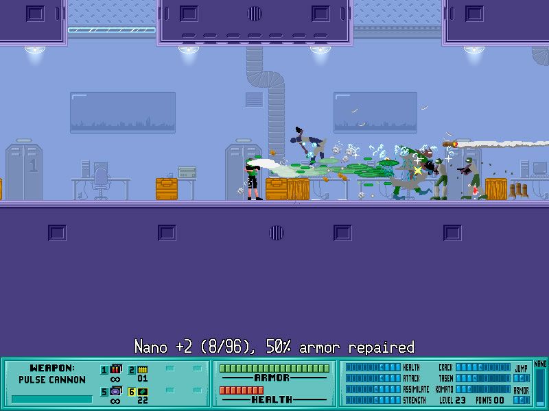 Iji (Windows) screenshot: Taking on multiple enemies at once.