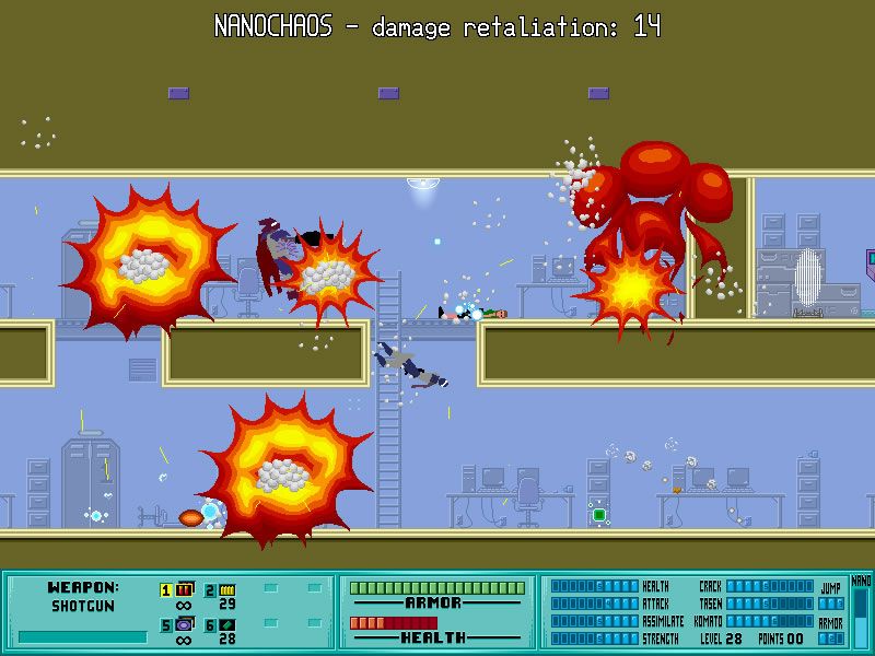 Iji (Windows) screenshot: Many explosions after using a damage retaliation power-up.