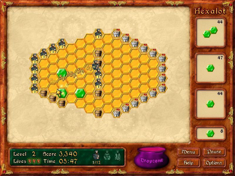 Hexalot (Windows) screenshot: A knight has crossed the bridge shown in the previous screen shot. Five points are earned for every cell travelled apart from the one with the coin in it which was worth fifty five points