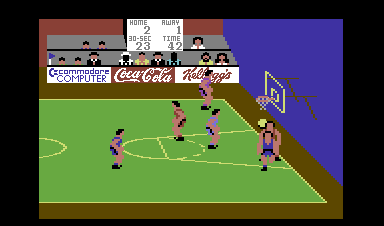International Basketball (Commodore 64) screenshot: In it goes at the other end