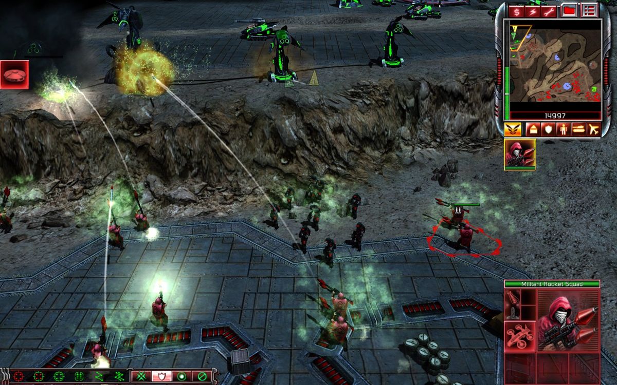 Command & Conquer 3: Kane's Wrath (Windows) screenshot: Using rocket squad infantry to take out the anti-air defense turrets.