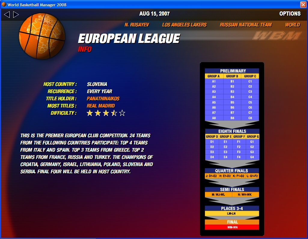 World Basketball Manager (Windows) screenshot: Tournament screen