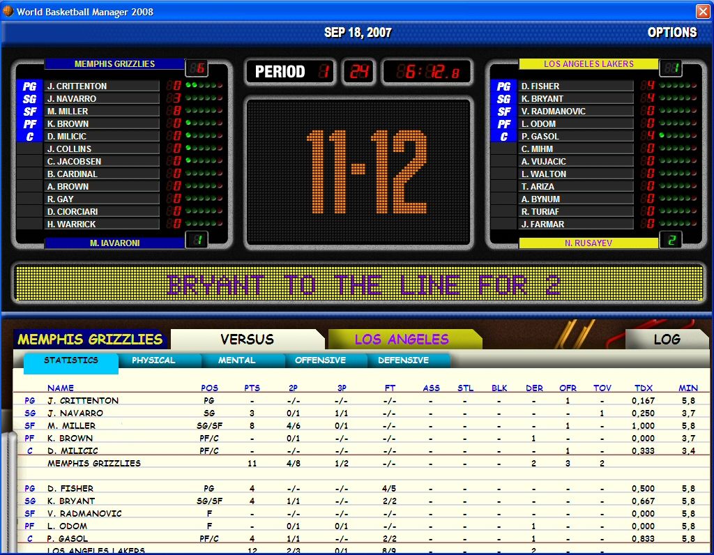 World Basketball Manager (Windows) screenshot: Match screen