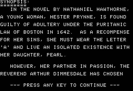 Quest for the Scarlet Letter (Apple II) screenshot: Story of The Scarlet Letter