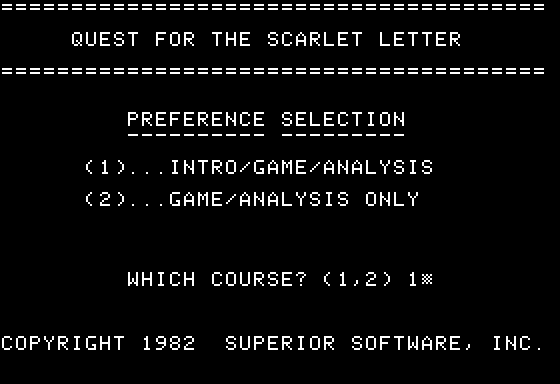 Quest for the Scarlet Letter (Apple II) screenshot: Main Menu