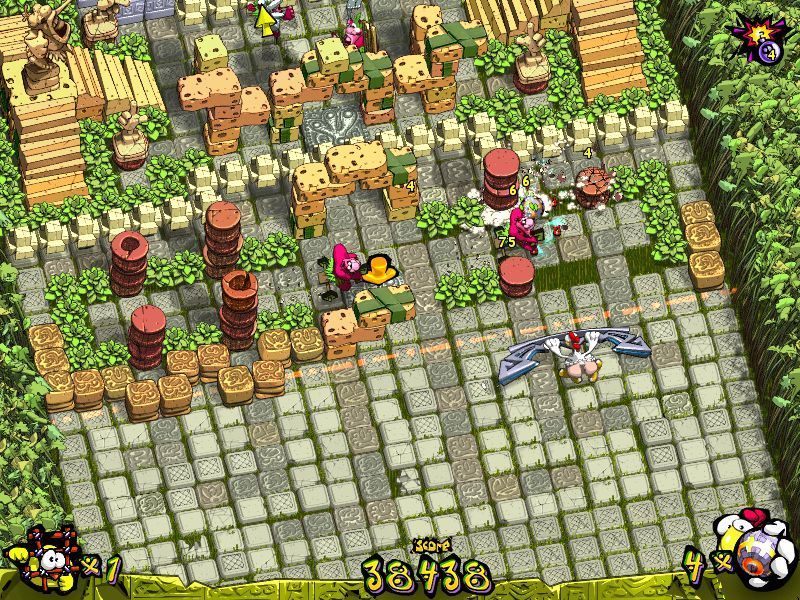 Chicken Attack (Windows) screenshot: This is level four. It shows one of the games weaknesses - the ball can become obscured - whicjh makes positioning the hen for its return more difficult