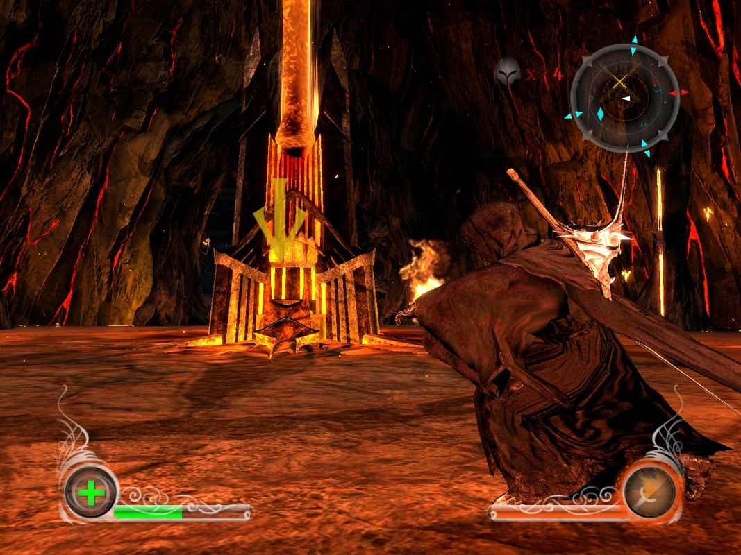 The Lord of the Rings: Conquest (Windows) screenshot: Bringing the Mask of the Witch-King to the Mount Doom Forge.