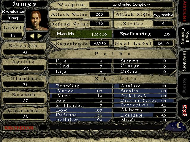 Return to Krondor (Windows) screenshot: Character stat screen. Pretty much maxed out in everything that counts.