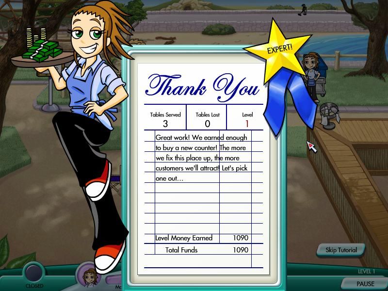 Diner Dash: Hometown Hero (Windows) screenshot: My score after the tutorial