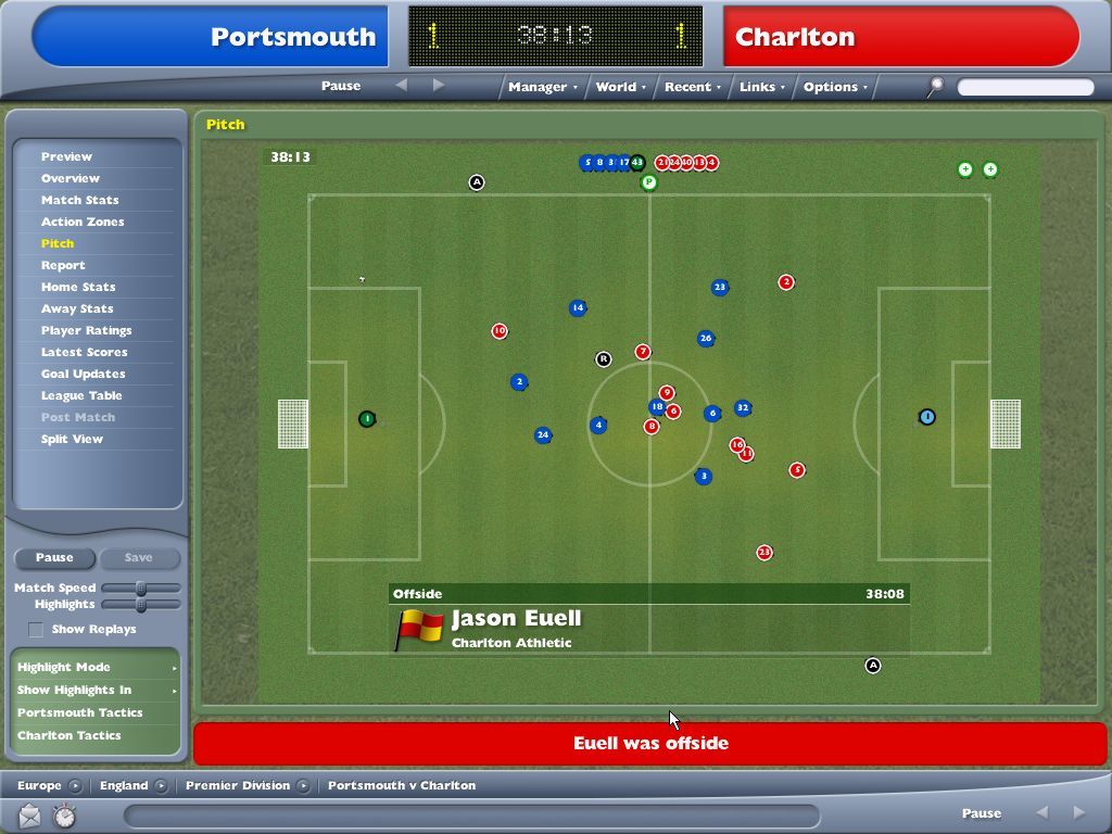 Worldwide Soccer Manager 2005 (Windows) screenshot: A league match in progress
