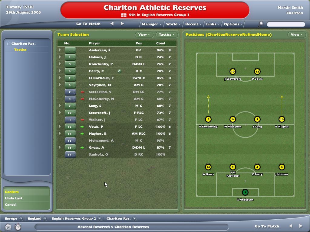 Worldwide Soccer Manager 2005 (Windows) screenshot: A reserve match, using a mix of fringe players and emerging youngsters