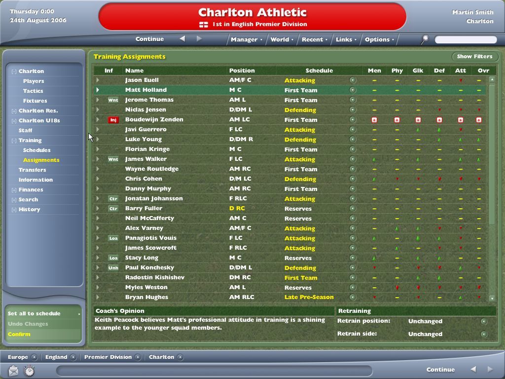 Worldwide Soccer Manager 2005 (Windows) screenshot: Training - Walker is improving but Cohen is not