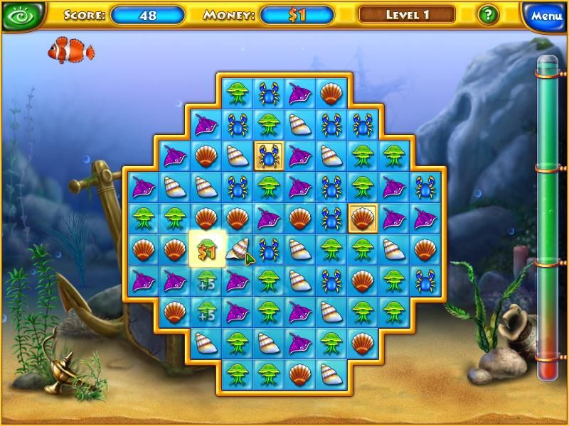 Fishdom (Windows) screenshot: I matched three of the same, one of which was on a gold tile.