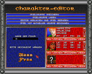 Jaktar: Der Elfenstein (Amiga) screenshot: Editor of the party