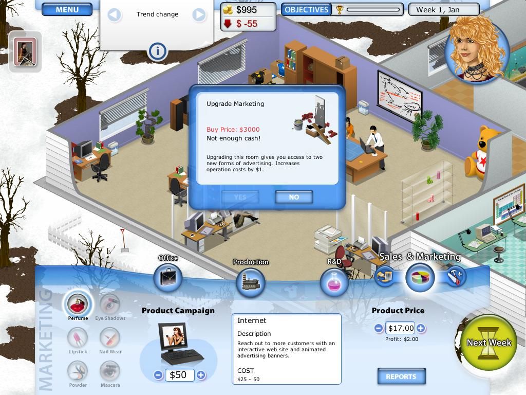 Beauty Factory (Windows) screenshot: Upgrading the marketing room during winter
