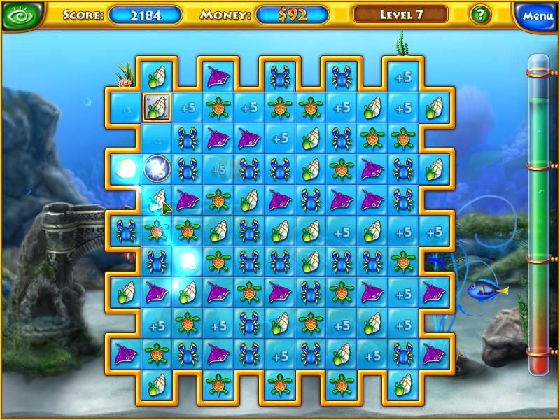 Fishdom (Windows) screenshot: Lightnings destroy all tiles of the type you swap it with.