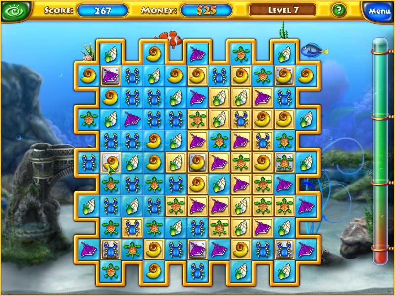 Fishdom (Windows) screenshot: The goldtiles with the gray plates must be matched twice to remove them.