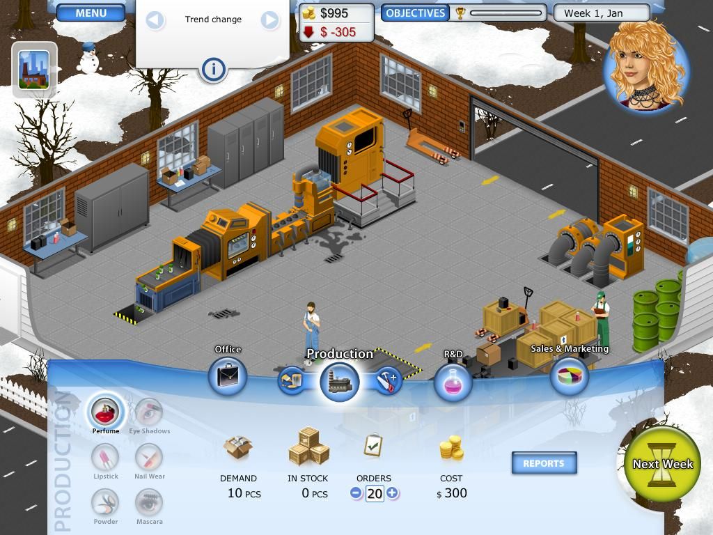 Beauty Factory (Windows) screenshot: Production, workers busy making your products