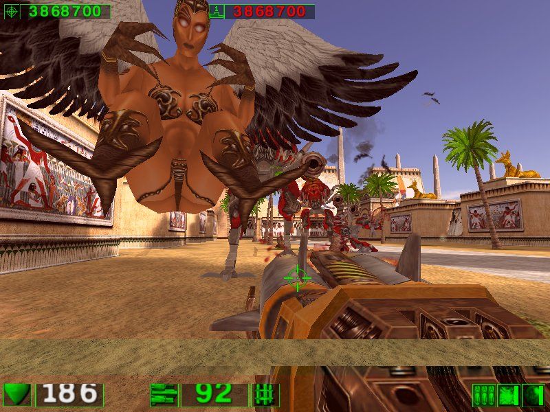 Serious Sam: The First Encounter (Windows) screenshot: Hordes of enemies approaching.