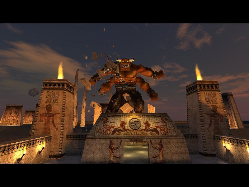 Serious Sam: The First Encounter (Windows) screenshot: Oh, no! A huge boss is looking for me... And he seems to be very angry.