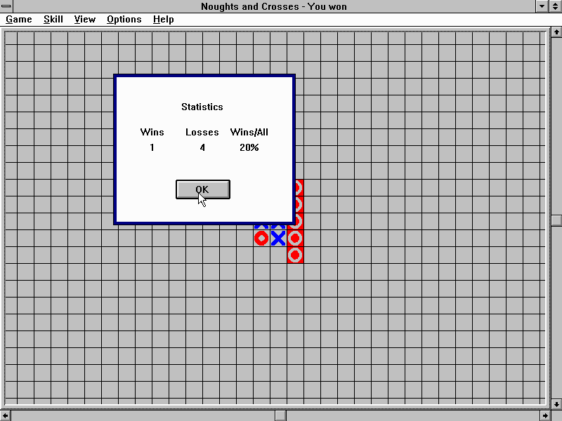 Noughts and Crosses (Windows 16-bit) screenshot: The game keeps score of how well you did. It's not something you may want to brag about, though!