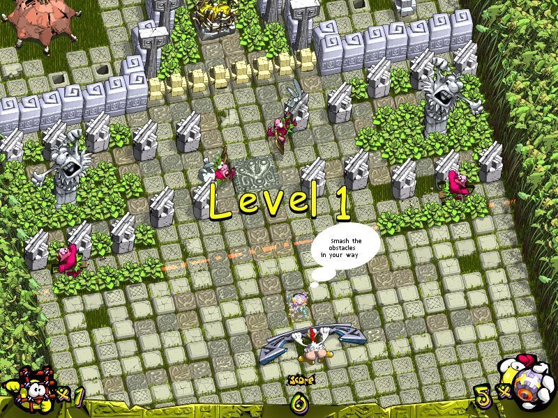Chicken Attack (Windows) screenshot: The start of level 1. All the statues, foliage and hazards above the orange line must be cleared before the hen can advance and tackle the inner area where the chicken is held
