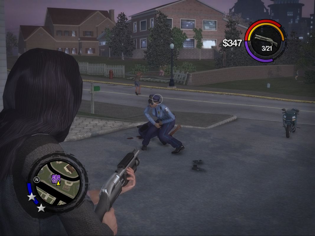 Saints Row 2 (Windows) screenshot: In your face...I mean in your nuts...oh wait...well, who cares anyway. Just die already!