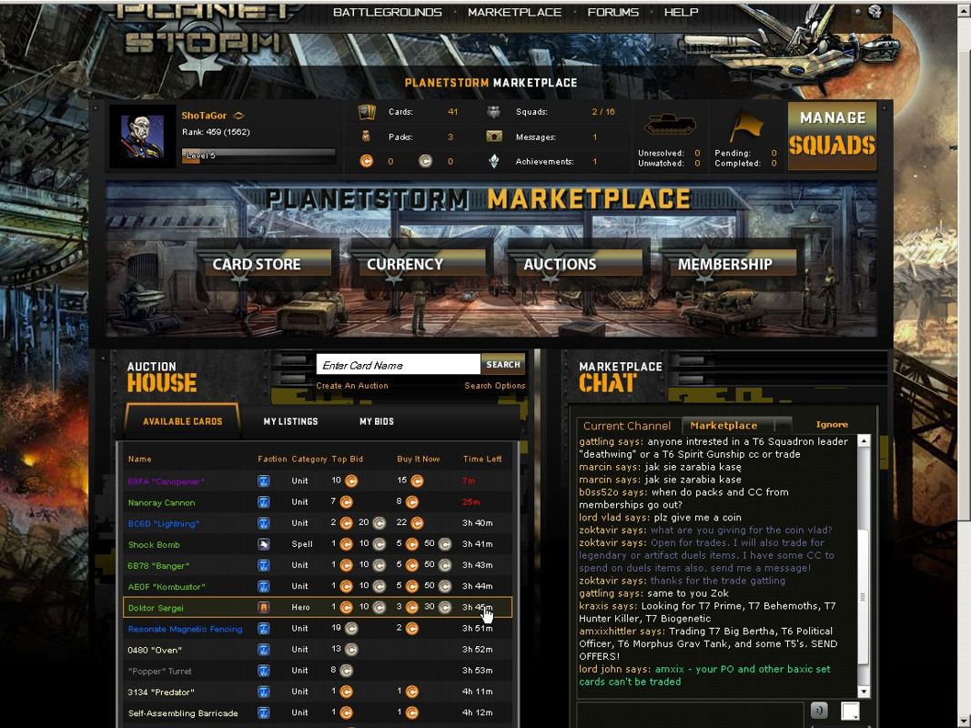 Planetstorm (Browser) screenshot: The marketplace, trading some cards.