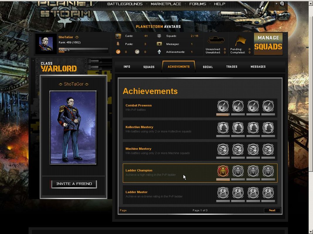 Planetstorm (Browser) screenshot: The achievements