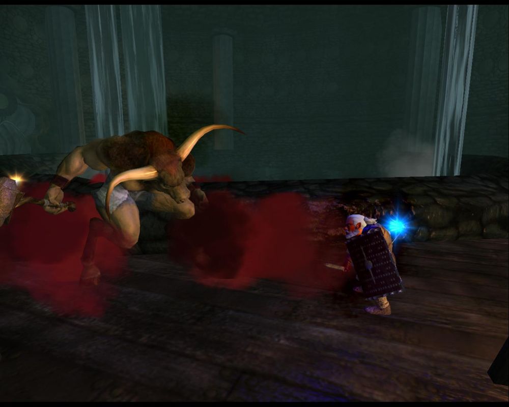 EverQuest II (Windows) screenshot: Girion, The Dwarf, fighting a big Minotaur.