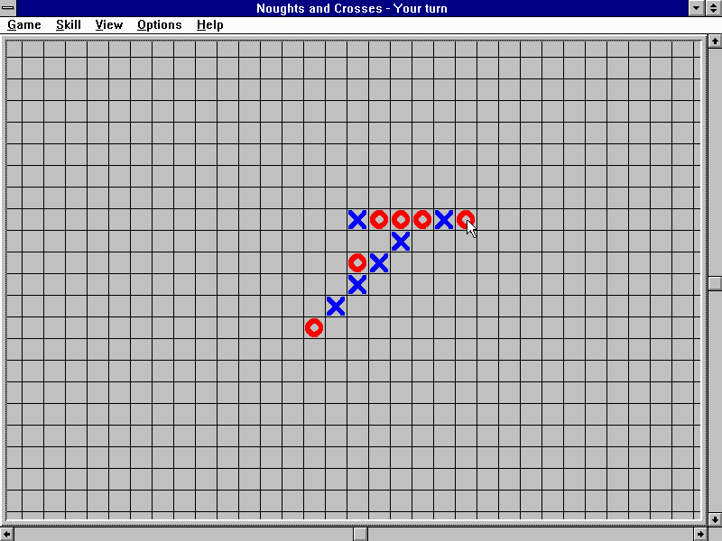 Noughts and Crosses (Windows 3.x) screenshot: I was so close to winning!