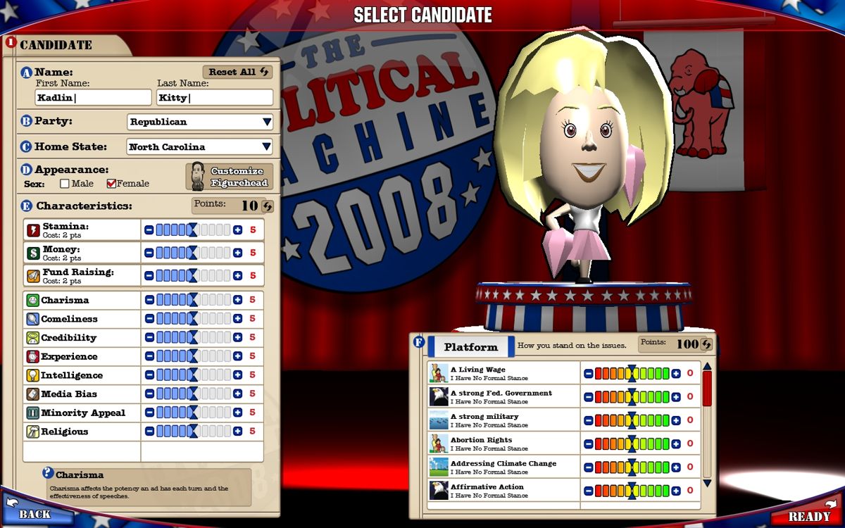 The Political Machine 2008 (Windows) screenshot: As well as where your character stands on issues, and their characteristics