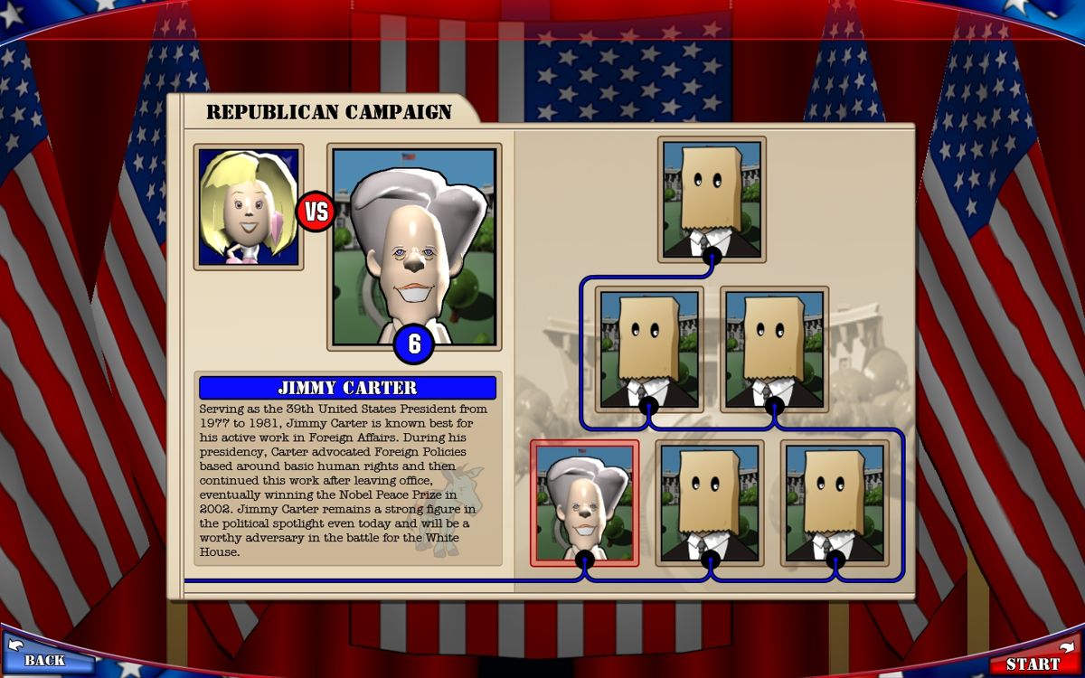 The Political Machine 2008 (Windows) screenshot: In the campaign mode, you have to beat candidates one by one, each time unlocking another to play against