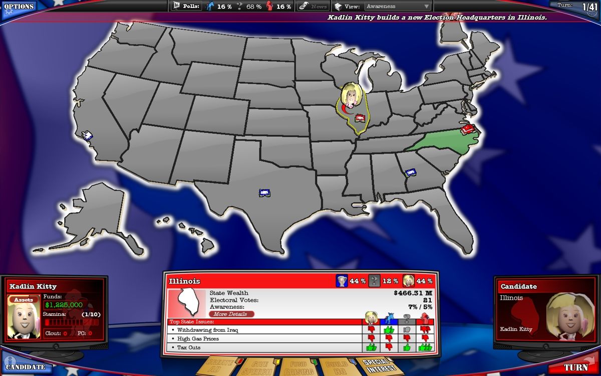The Political Machine 2008 (Windows) screenshot: Near the beginning, the map of the United States has nothing built on it