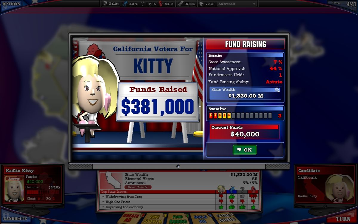 The Political Machine 2008 (Windows) screenshot: Raising funds to get more money