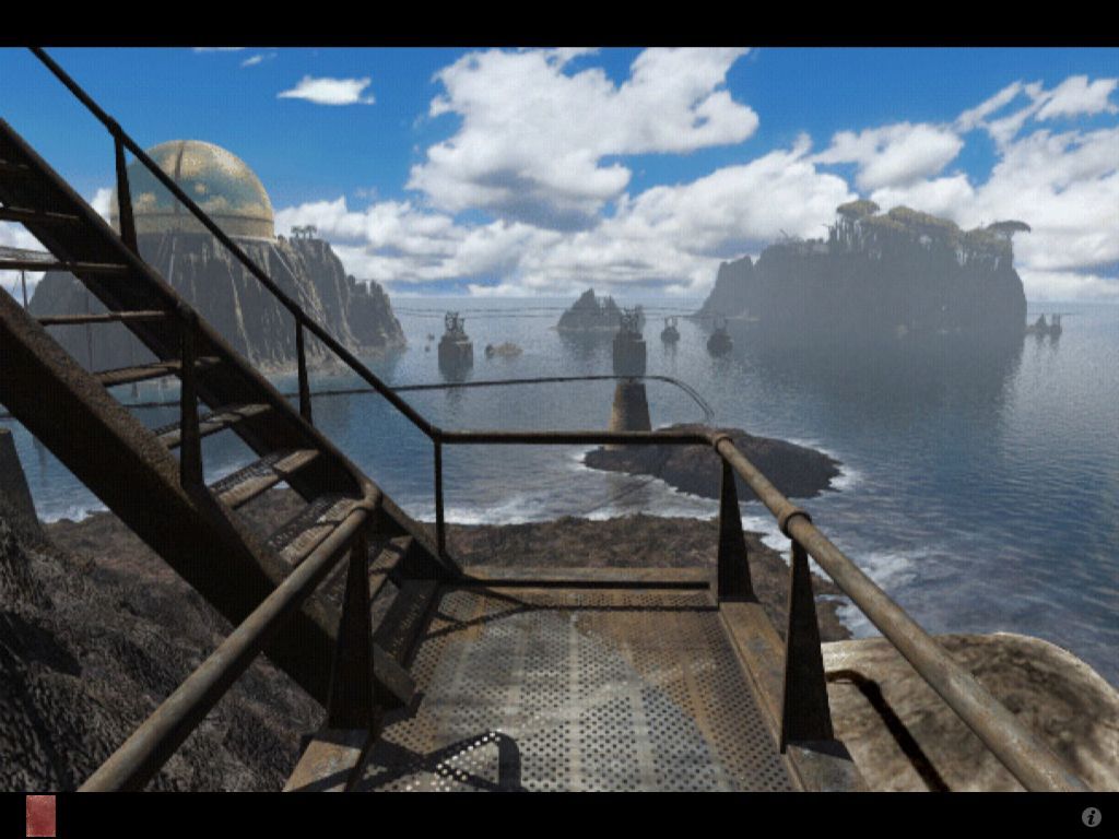 Riven: The Sequel to Myst (iPad) screenshot: Crater island tram stairs leading to Gehn's laboratory with temple & jungle islands in distance