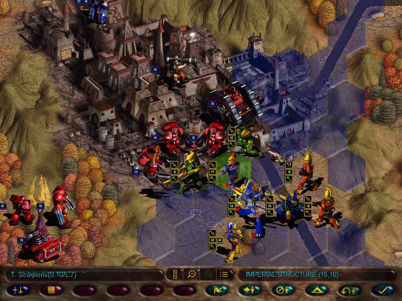 Warhammer 40,000: Rites of War (Windows) screenshot: Fighting an entrenched enemy in a city is a bloody affair.