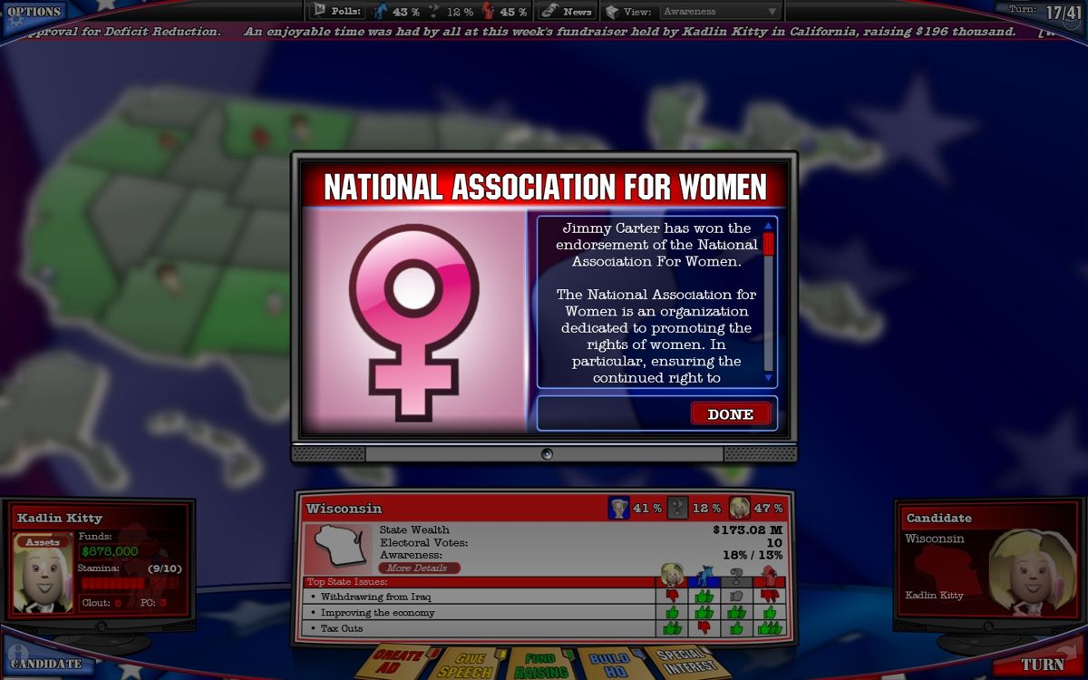 The Political Machine 2008 (Windows) screenshot: Winning endorsements from special interests groups