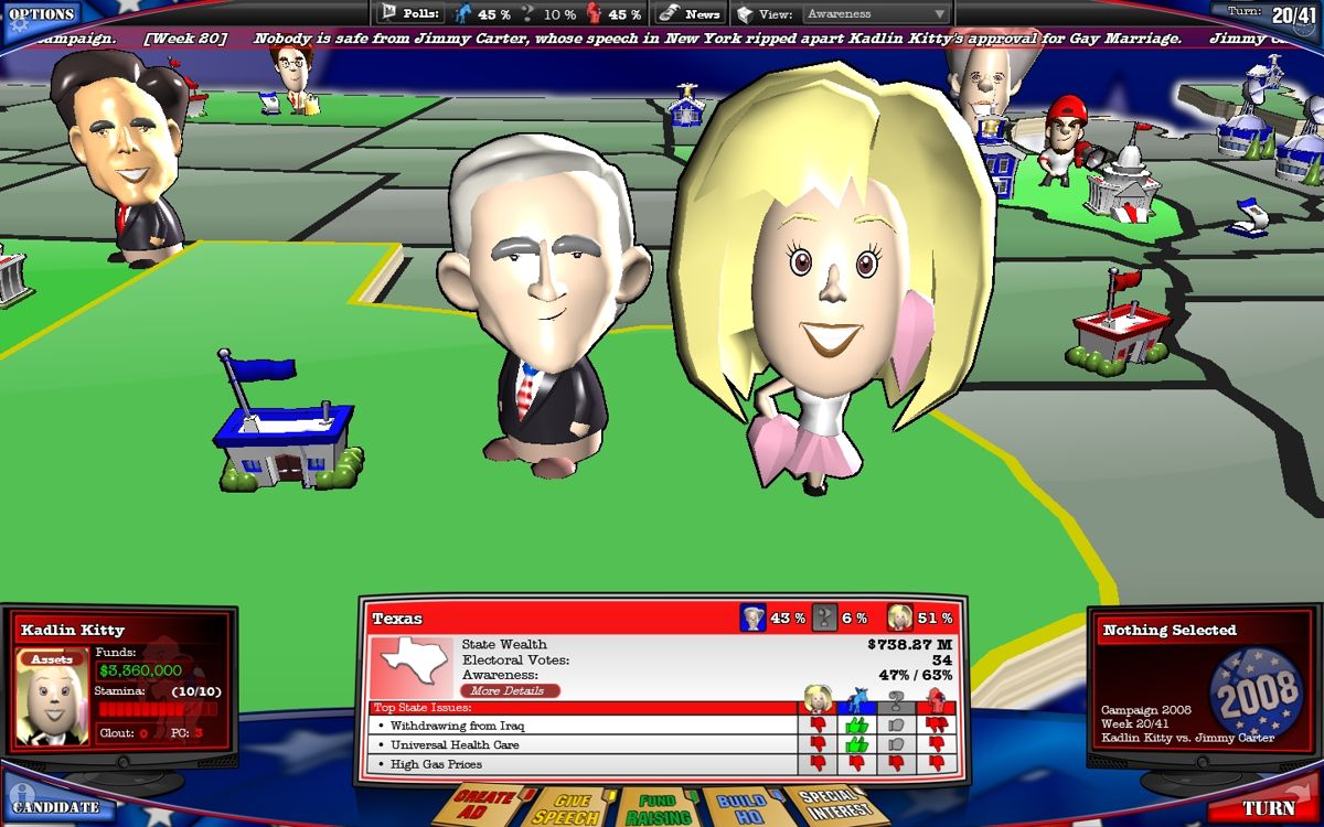 The Political Machine 2008 (Windows) screenshot: When the time comes, you have to choose your running mate (here I am with George Bush, my running mate)