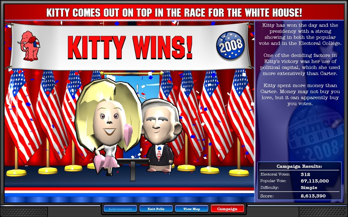 The Political Machine 2008 (Windows) screenshot: When the final votes are counted, the winner is decided!