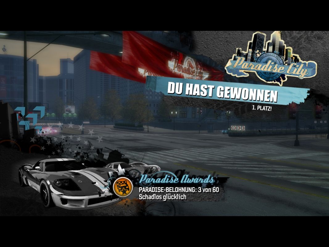 Burnout: Paradise - The Ultimate Box (Windows) screenshot: Won the race without any damage and got an achievement for it.